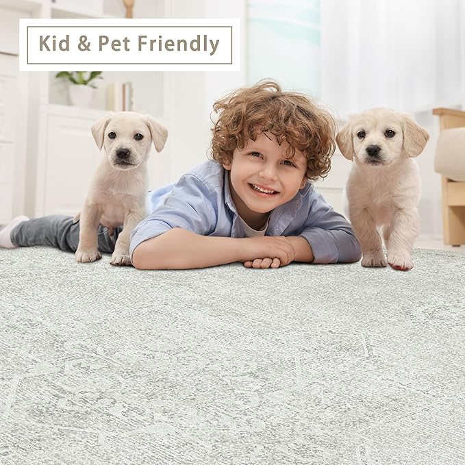 Srugn Washable Rugs 6x9 Area Rugs for Living Room,Bedroom,Large Carpets,Ultra Soft Faux Wool Retro Dining Room Rug,Non Slip&Non-Shedding Low Pile Vintage Rugs for Home Office,Concrete Grey