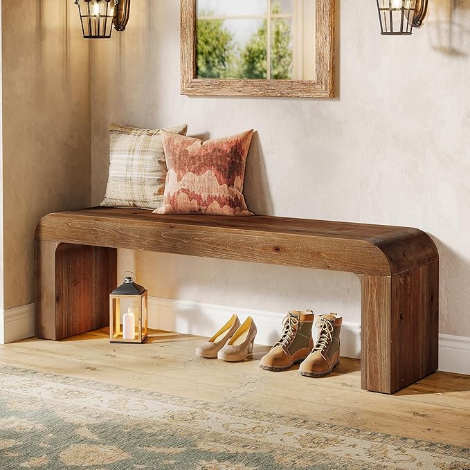 Solid Wood Dining Bench, 55" Wood Bench Indoor for Entryway, End of Bed Bench with Thick Block Seat, Modern Farmhouse Wooden Bench for Dining Table, Bedroom, Hallway, Rustic