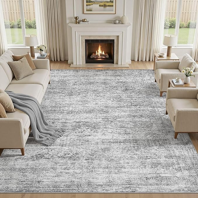 cotiled Large Area Rugs for Living Room 10x14, Machine Washable Rugs with Non Slip Backing Modern Neutral Abstract Rugs Stain Resistant Distressed Carpets for Home Decor (10x14 Dark Grey)