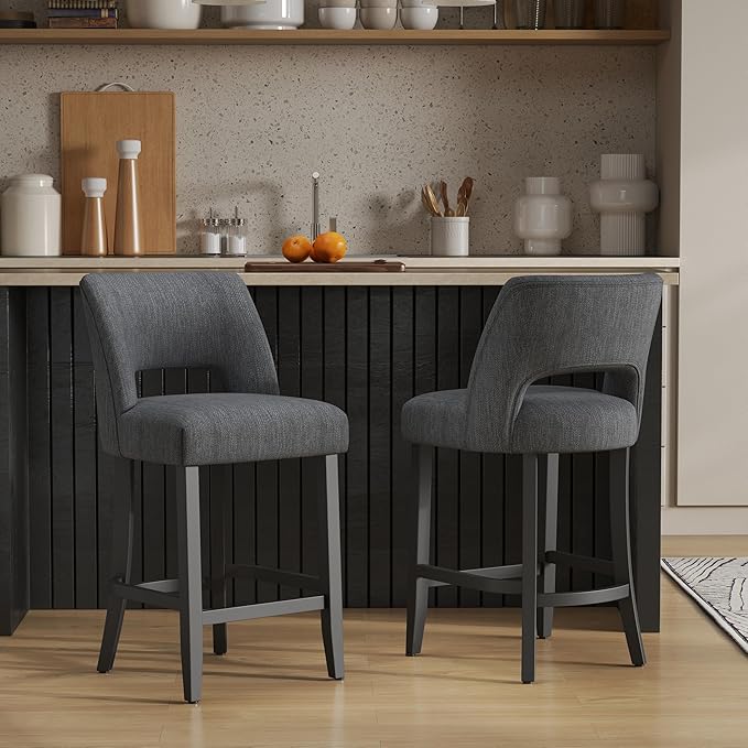 VKNOW Bar Stools Set of 2, 26" Upholstered Counter Height Bar Stools, Modern Counter Stools with Black Legs for Kitchen Island Dining Room Bar, Dark Grey-Black Legs