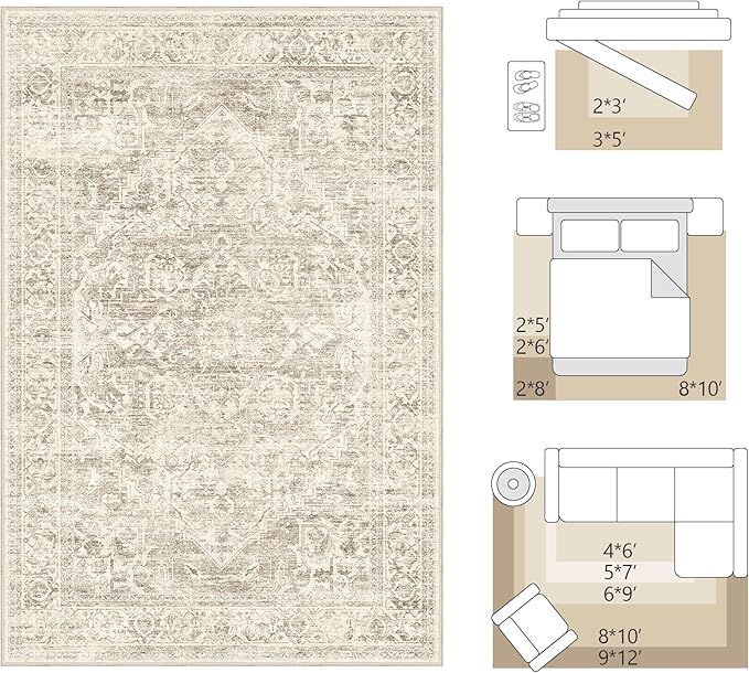 FMFUNCTEX Entryway Rug 2x3 Washable Brown Vintage Distressed Oriental Door Mat Non Slip Low Pile Indoor Carpet Soft Retro Small Throw Area Rugs for Entry Way Entrance Bedroom Kitchen Bathroom Laundry