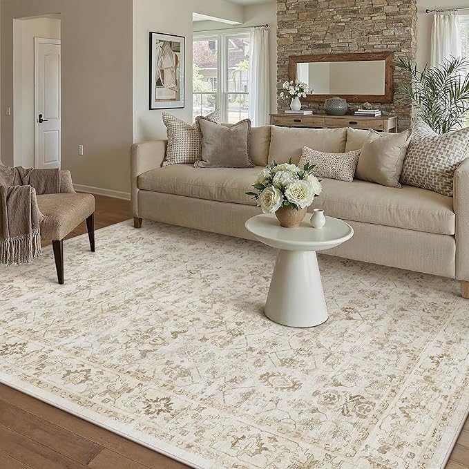 5x7 Beige Washable Neutral Area Rug for Living Room Soft Floral Non Slip Large Rug Modern Low Pile Stain Resistance Indoor Carpet Bedroom Office Playroom Dining Laundry Room Kitchen