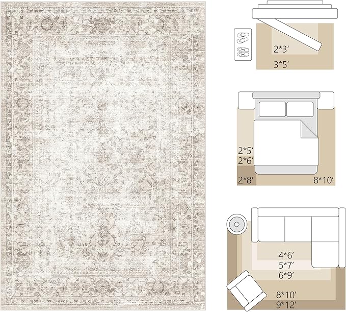FMFUNCTEX 2x10 Runner Rug Beige Washable Vintage Neutral Distressed Non Slip Low Pile Indoor Carpet Retro Floral Hallway Entryway Rug for Kitchen Living Room Bedroom Bathroom Laundry Entry Bedside