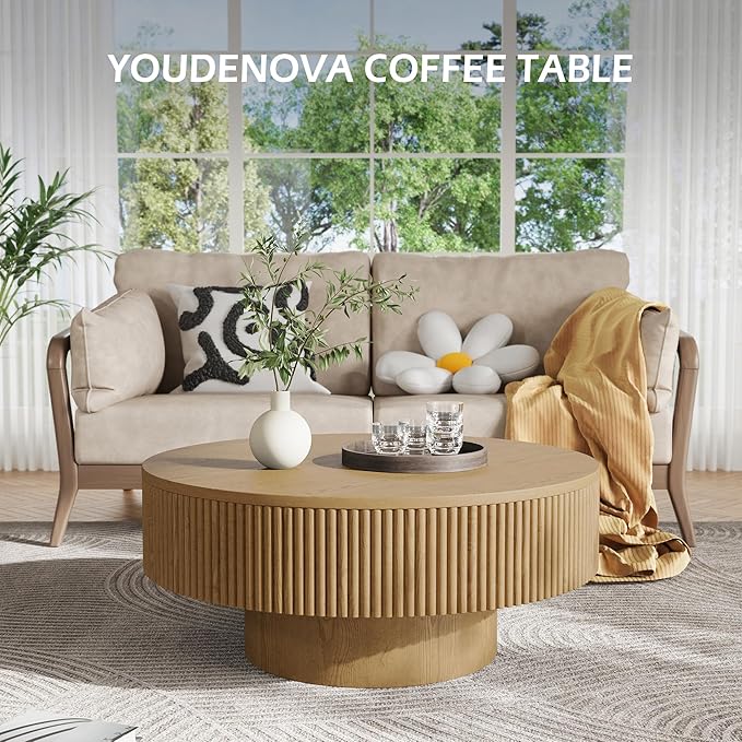 YOUDENOVA 35” Round Fluted Coffee Table, Modern Wood Circle Coffee Table, Veneer Handcrafted Relief Tea Table with Sturdy Pedestal for Living Room, Easy Assembly - Natural