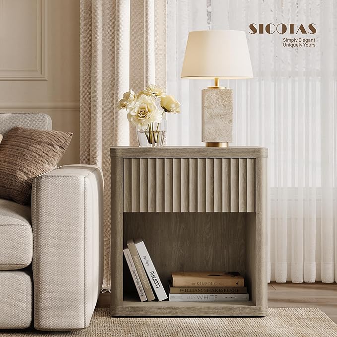 SICOTAS Night Stand Set of 2 Nightstands with Drawer Storage Fluted Bed Side Table End Table Large Modern Wide Bedside Stand Mid Century Night Stands for Bedroom Living Room Sofa Office, Grey Alder