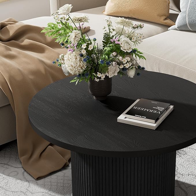 Furniway Round Coffee Table, 35.4" Circle Wide Coffee Table, Wood Table and Center Table for Living Room, Black