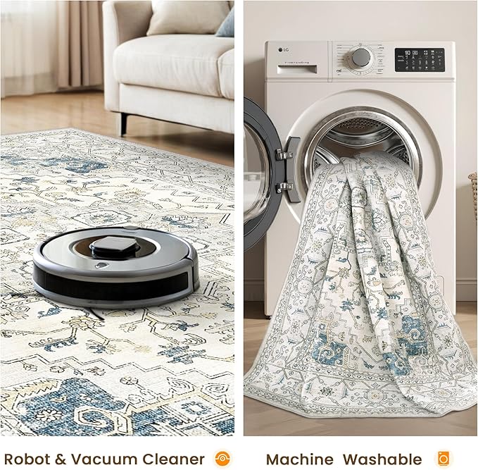 2x3 Entryway Area Rug - Neutral Washable Rugs for Dining Room Kitchen Rug Vintage Soft Floor Mat Non Slip Indoor Farmhouse Carpet for Bathroom Bedroom(BeigeBlue)