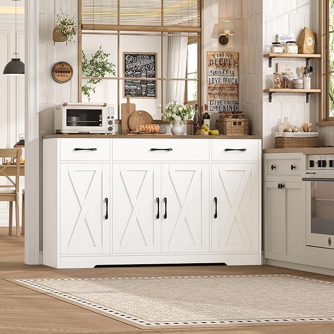 HOSTACK Buffet Cabinet with Drawers, 55" Large Sideboard Buffet Storage Cabinet with Shelves and Doors, Modern Farmhouse Coffee Bar Station Wood Kitchen Table for Kitchen, Dining Room, White/Rustic