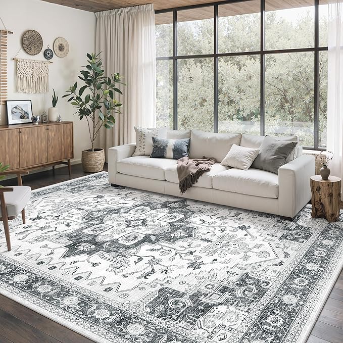 befbee Washable Area Rug 8x10, Area Rugs Stain Resistant Neutral Washable Rugs for Living Rooms Bedroom Vintage Non-Slip Thin Large Size Area Rug（Grey）