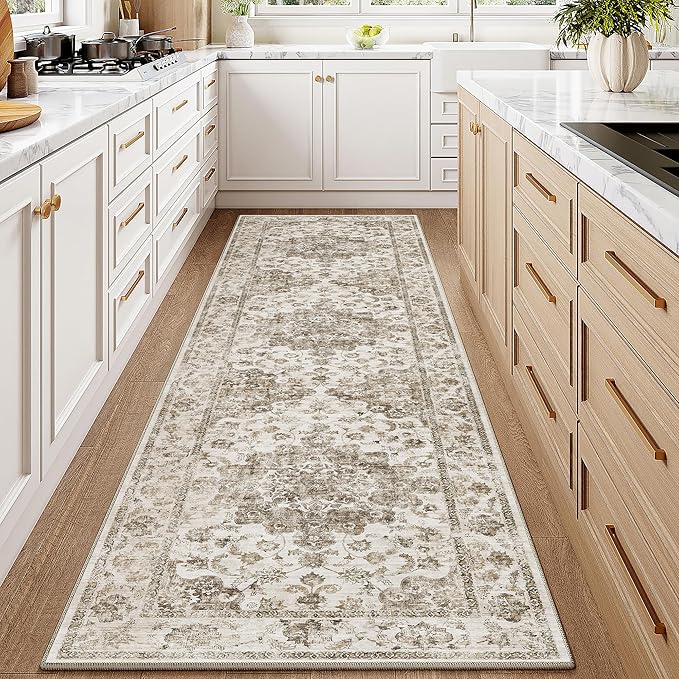 2x8 Washable Neutral Runner Rug Brown Vintage Hallway Kitchen Carpet Non-Slip Soft Low Pile Farmhouse Throw Rug for Bedroom Bathroom Laundry Living Room