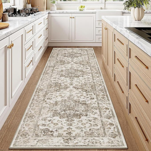 2x8 Washable Neutral Runner Rug Brown Vintage Hallway Kitchen Carpet Non-Slip Soft Low Pile Farmhouse Throw Rug for Bedroom Bathroom Laundry Living Room