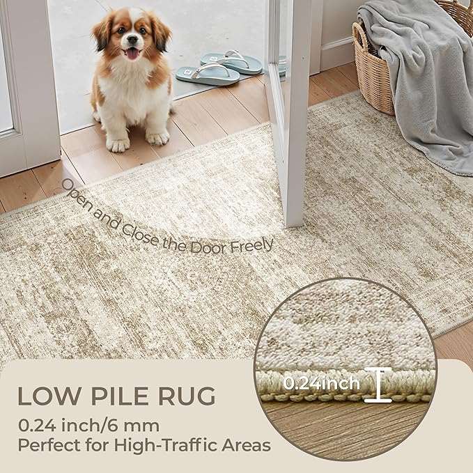 Rug Runners for Hallways Non Slip - 2x8 Runner Rug for Bedroom, Washable Runner with Rubber Backing, Soft Low-Pile Carpet for Kitchen, Laundry, Bathroom (2'x8', Brown/Ivory)