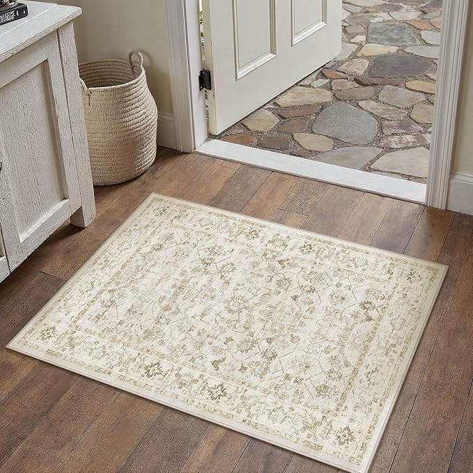 2x3 Beige Washable Neutral Area Rug for Living Room Soft Floral Non Slip Throw Rug Modern Low Pile Stain Resistance Doormat Distressed Carpet Entrance Dining Laundry Room Kitchen Bathroom