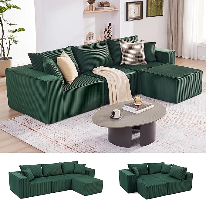 Weture 107.4" Cloud Couch Sectional, Modular Sofa with Deep Seat, Plush Corduroy L Shaped Boneless Couch, Convertible Sectional Couches for Living Room, 4Seat, Green