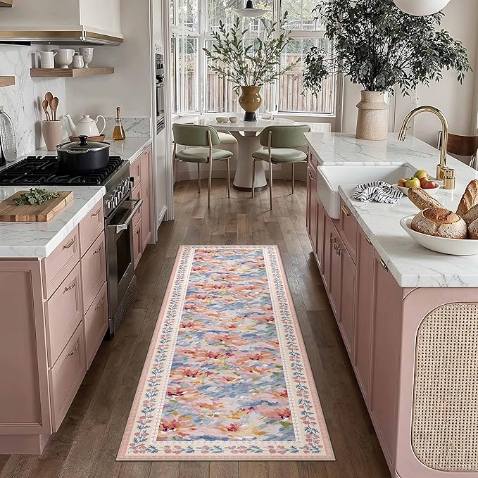 2x5 Washable Runner Rug Pink Blue Floral Abstract Hallway Kitchen Throw Rug Modern Non Slip Soft Low Pile Carpet for Bathroom Laundry Bedroom Living Room