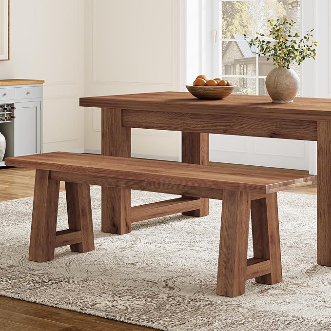 Solid Wood Dining Bench with A-Shaped Legs, 55.12-Inch Farmhouse Entryway Bench Indoor for Hallway, Kitchen, Dining Room, Living Room (Brown)