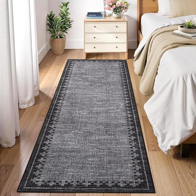 GarveeHome Modern Bordered Runner Rug 2x6 for Hallway Non Slip Low Pile Neutral Kitchen Runner Rugs Washable Bedroom Throw Carpet Geometric Cross Runners Mat for Living Room Nursery Laundry, Grey