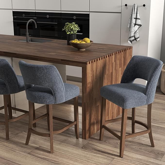 VKNOW Bar Stools Set of 4, 26" Upholstered Counter Height Bar Stools, Modern Counter Stools with Wood Legs for Kitchen Island Dining Room Bar, Navy Blue