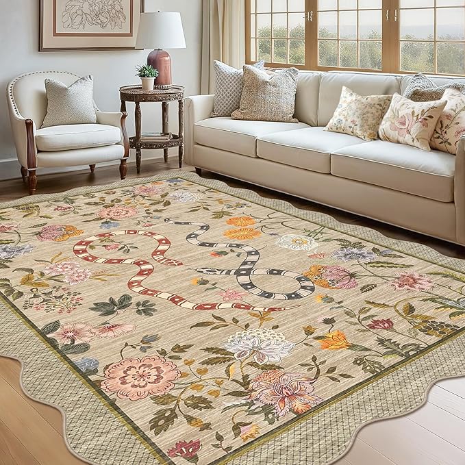 Garvee Washable 9x12 Area Rugs for Living Room Non Slip Botanical Snake Rugs for Bedroom, Boho Scalloped Stain-Resistant Dining Room Rug for Under Table Carpet for Home Office Playroom Farmhouse,Brown