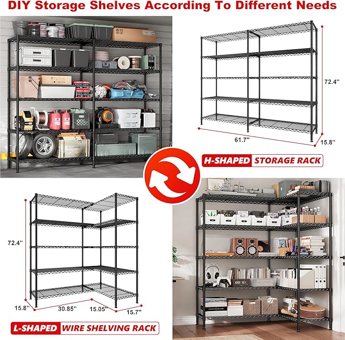 5 Tier Metal Shelving Unit Storage Shelves Load 1500LBS,Adjustable Wire Shelving Pantry Shelves for Storage,Kitchen Shelves Storage Rack for Commercial Garage Shelving Heavy Duty,61.7"W*72.4"H*15.8"D