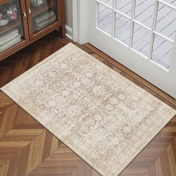 2x3 Beige Washable Neutral Area Rug for Entryway Non Slip Soft Thin Throw Rug Floral Durable Low Pile Carpet Modern Stain Resistant Door Mat for Living Room Laundry Kitchen Office Playroom