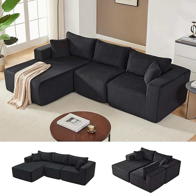 Weture 97" Modular Sectional Sofa, L-Shaped Boneless Couch with Deep Seat, Cozy Cloud Couch Sectional with Convertible Ottoman, Modern Sectional Couches for Living Room（ Black）