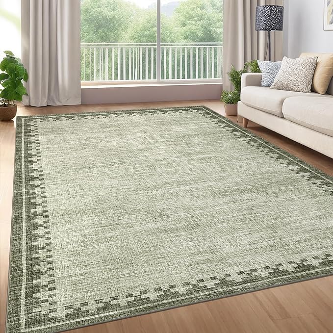 GarveeHome 8x10 Neutral Area Rugs Machine Washable&Non Slip Modern Bordered Stain Resistant Low Pile Carpet for Living Room Dining Room Bedroom Laundry Room Home Office, Green