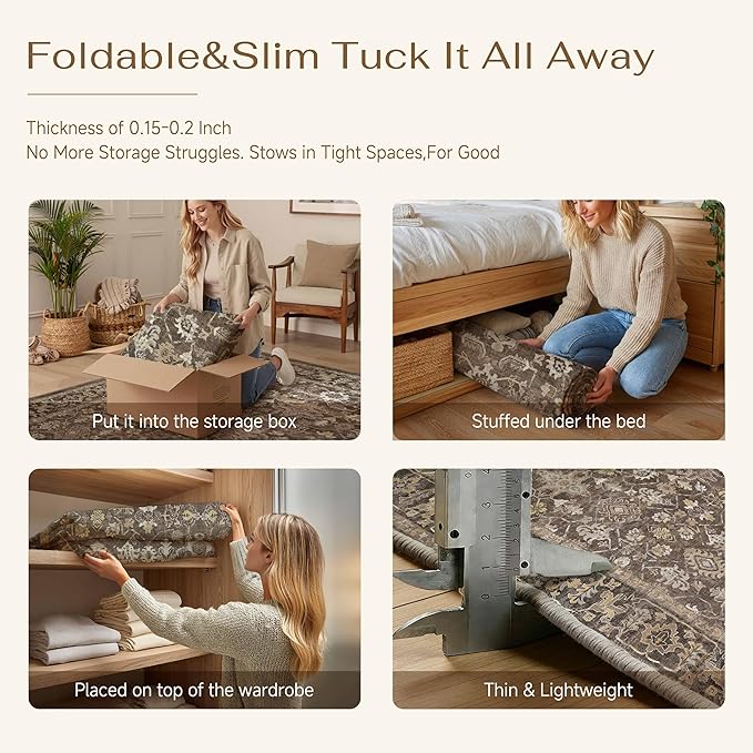 5x7 Brown Washable Vintage Area Rug for Living Room Soft Floral Non Slip Large Rug Modern Low Pile Stain Resistance Indoor Carpet Bedroom Office Playroom Dining Laundry Room Kitchen