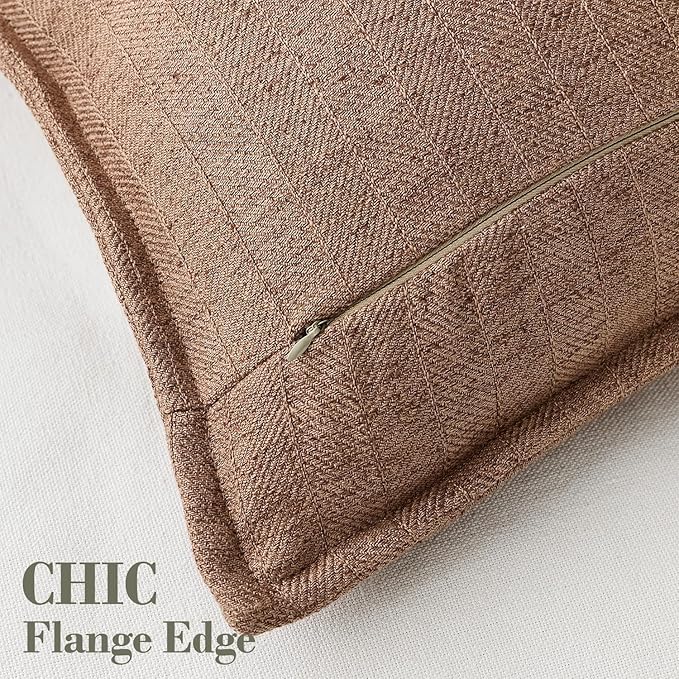 DEZENE 12x20 Linen Pillow Covers Brown Pack of 2 Farmhouse Boho Neutral Accents Striped Textured Rectangular Lumbar Decorative Throw Pillow Cases for Living Room Couch Bed Home Decor