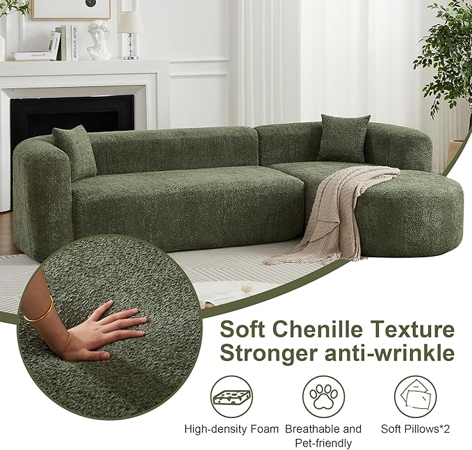 109.4" Sectional Couch with L-Shaped Chaise, Boneless Modular Sectional Sofa, Soft Chenille Sofa with Deep Seat for Living Room, No Assembly (Right-Facing Chaise, Green) | Breaathable Material