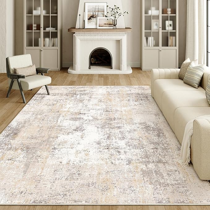 9x12 Washable Area Rug Beige Grey Abstract Non Slip Soft Medium Pile Rug for Living Room Bedroom Dining Room Office Neutral Modern Indoor Throw Carpet for Home Decor