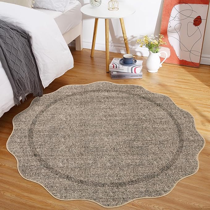 GarveeHome Scalloped Round Area Rugs, Washable Small Round Rug 3ft Non-Slip, Soft Boho Ultra-Thin Circle Low Pile Stain Resistant Carpet for Bedroom Entryway Kitchen Laundry Bathroom, Taupe