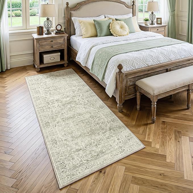 FMFUNCTEX 2x6 Runner Rug Green Neutral Washable Distressed Oriental Vintage Non Slip Low Pile Indoor Carpet Retro Hallway Entryway Rug for Kitchen Living Room Bedroom Bathroom Laundry Entry Bedside