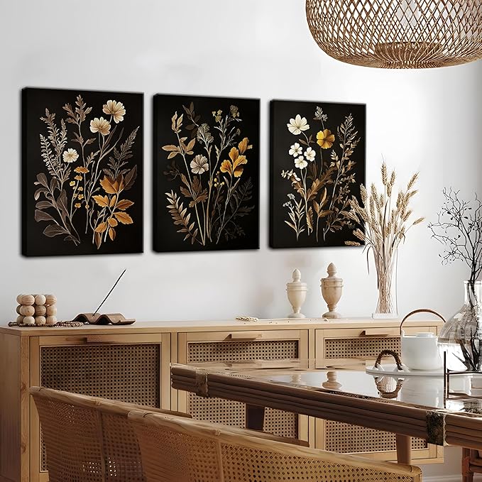 Vintage Black Flower Wall Art Decor Set of 3, Beautiful Wildflower Botanical Canvas Prints, Dark Academia Fall Floral Poster Painting Picture for Bedroom Living Room 16x24 Inch Framed