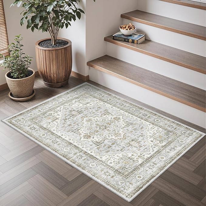Rugs for Entryway, 2X3 Washable Kitchen Rugs Non Slip Indoor Door Mat Stain Resistant Small Low-Pile Throw Carpet for Bathroom Bedroom(2x3,Blue＆Beige)