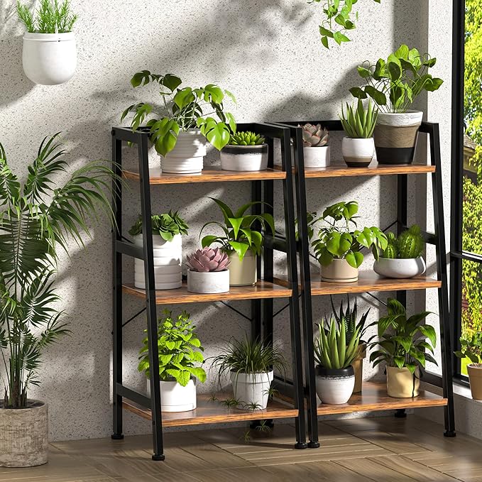 3-Tier Bookshelf, Ladder Shelf, Industrial Bookcase with Steel Frame, Metal Small Bookcase, stand up shelves for Living Room, Home Office, Kitchen, Bedroom, Industrial Style（Rustic Brown & Black）
