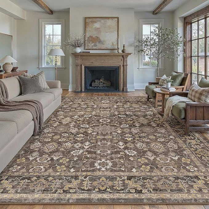 9x12 Brown Washable Vintage Area Rug for Living Room Soft Floral Non Slip Large Rug Modern Low Pile Stain Resistance Indoor Carpet Bedroom Office Playroom Office Classroom