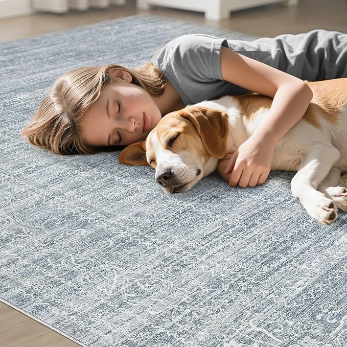 6x9 Area Rugs Living Room: Washable Large Vintage Blue Rug Neutral Non-Slip Soft Stain Resistant Indoor Carpet for Bedroom Nursery Dining Room Under Table Bed Home House Office Playroom