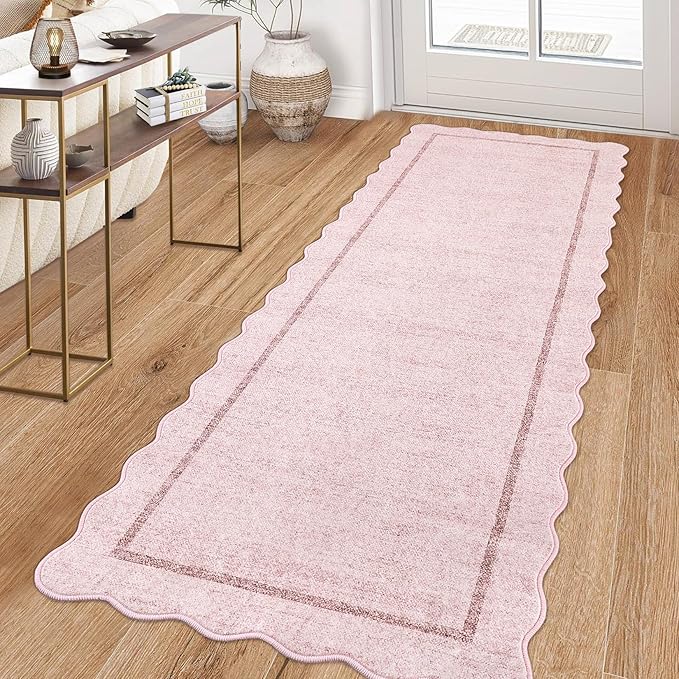 GarveeHome Scalloped Washable Runner Rug 2x6 Runner Non Slip Kitchen Rug Modern Pink Rug Entryway Rug Farmhouse Soft Bathroom Rugs Stain Resistant Carpet for Hallway Laundry Bedroom 2'x6' Pink
