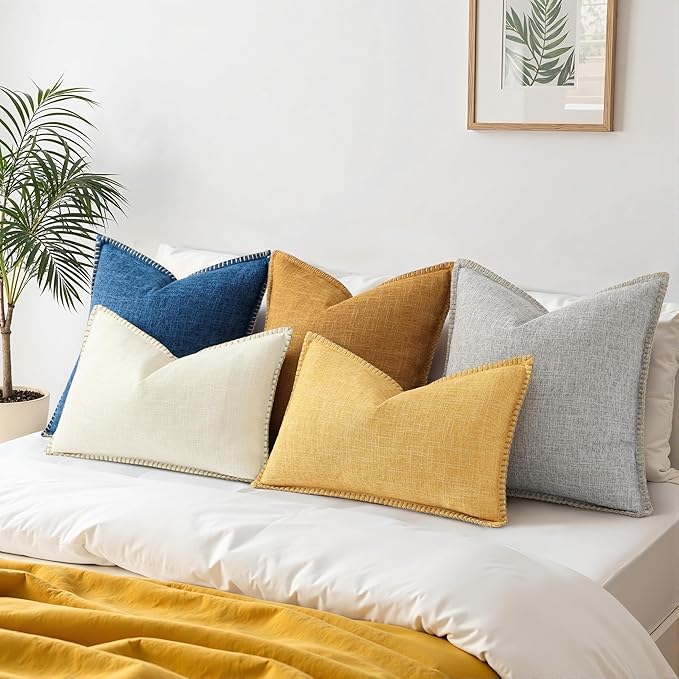 decorUhome Summer Decorative Throw Pillow Covers 24x24 Set of 2 Square Faux Linen Outdoor Neutral Farmhouse Euro Sham Pillow Covers with Stitched Edge for Couch Sofa Living Room, Dark Blue