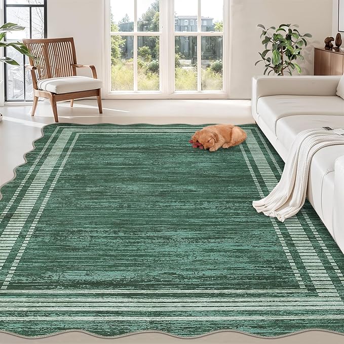 Garvee Scalloped Modern Christmas Area Rug 9x12 Large Washable Rug for Living Room, Non-Slip Soft Carpet for Bedroom, Scalloped Low-Pile Christmas Print Accent Rug for Dining Room Home Office, Green