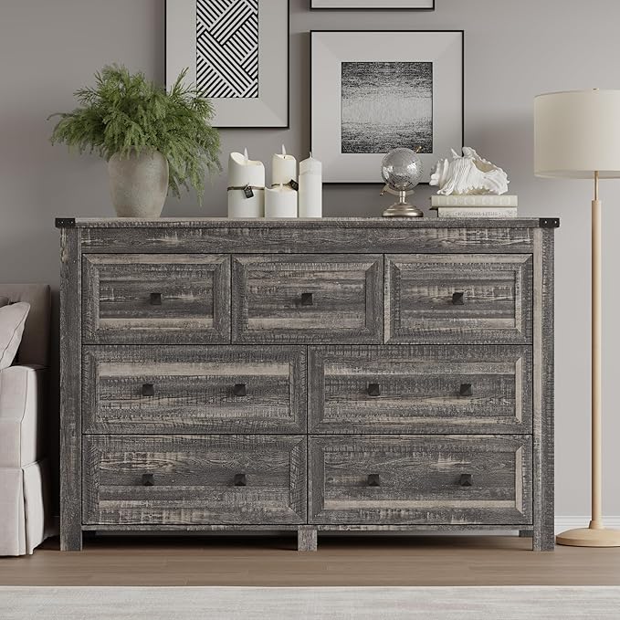 BORNOON 7-Drawer Dresser, Modern Wooden Storage Chest of Drawers, Dresser TV Stand, Wood Drawer Organizer with Metal Handles for Bedroom, Living Room, Hallway