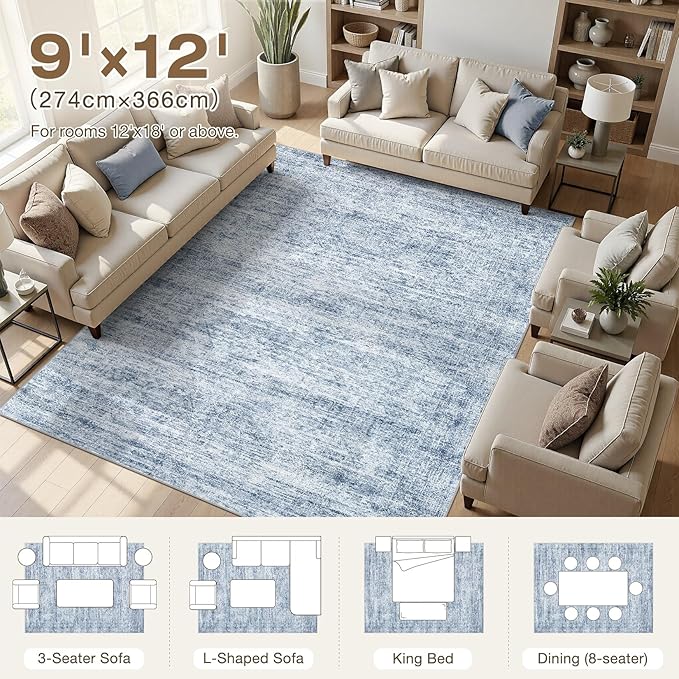 cotiled Large Area Rugs for Living Room 9x12, Machine Washable Rugs with Non Slip Backing Modern Neutral Abstract Rugs Stain Resistant Distressed Carpets for Home Office Decor (9x12 Blue)
