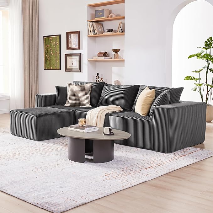 Weture 107.4" Cloud Couch Sectional, Modular Sofa with Deep Seat, Plush Corduroy L Shaped Boneless Couch, Convertible Sectional Couches for Living Room, 4Seat, Darkgrey