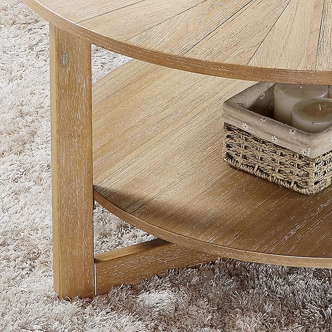 Round Coffee Table, 35" Circle Wood Coffee Table with Storage Shelf, 2 Tier Center Table for Living Room Apartment Home Furniture, Easy Assembly (Light Brown,35" Dx35 Wx18 H)
