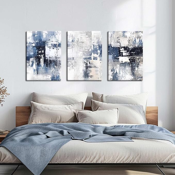 Abstract Blue and White Wall Art Set of 3, Modern Simple Navy Framed Canvas Prints Poster, Gray Painting Picture for Living Room, Bedroom, Office Wall Decor 16x24 Inch