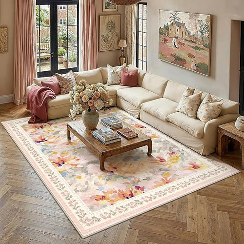 8x10 Washable Area Rug Beige Pink Living Room Bedroom Floral Throw Rug Abstract Modern Non Slip Soft Low Pile Large Carpet for Dining Room Office Nursery