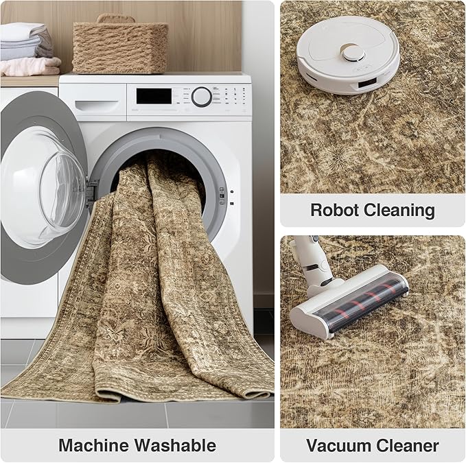 FMFUNCTEX 2x10 Runner Rug Brown Washable Vintage Neutral Distressed Non Slip Low Pile Indoor Carpet Retro Floral Hallway Entryway Rug for Kitchen Living Room Bedroom Bathroom Laundry Entry Bedside