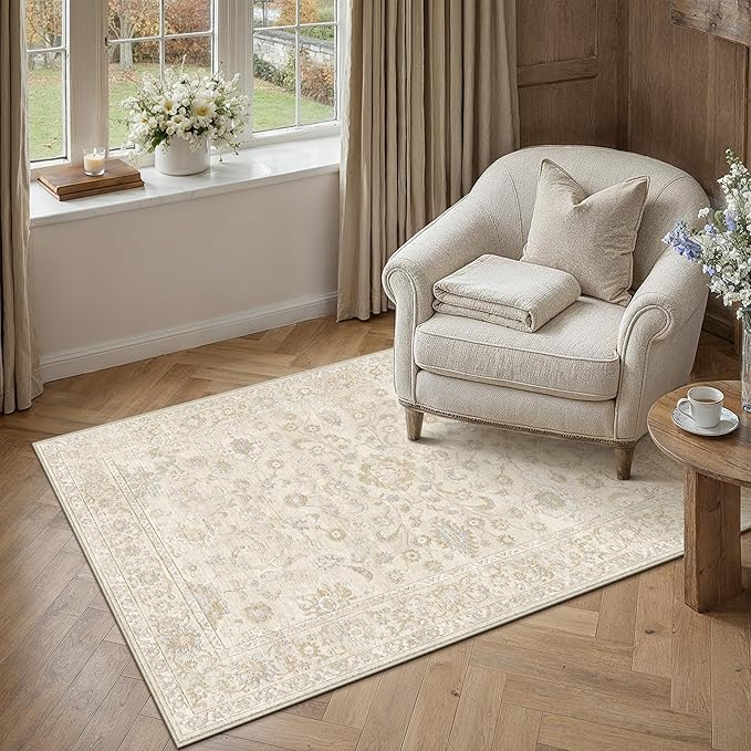 3x5 Beige Washable Area Rug for Living Room Bedroom Neutral Soft Floral Non Slip Thin Throw Rug Lightweight Vintage Low Pile Distressed Carpet Entrance Laundry Room Playroom