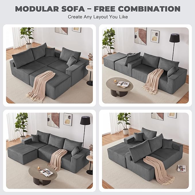 Weture 107" Modular Sectional Sofa, L-Shaped Boneless Couch with Deep Seat, Cozy Cloud Couch Sectional with Convertible Ottoman, Modern Sectional Couches for Living Room, No Assembly, Darkgray